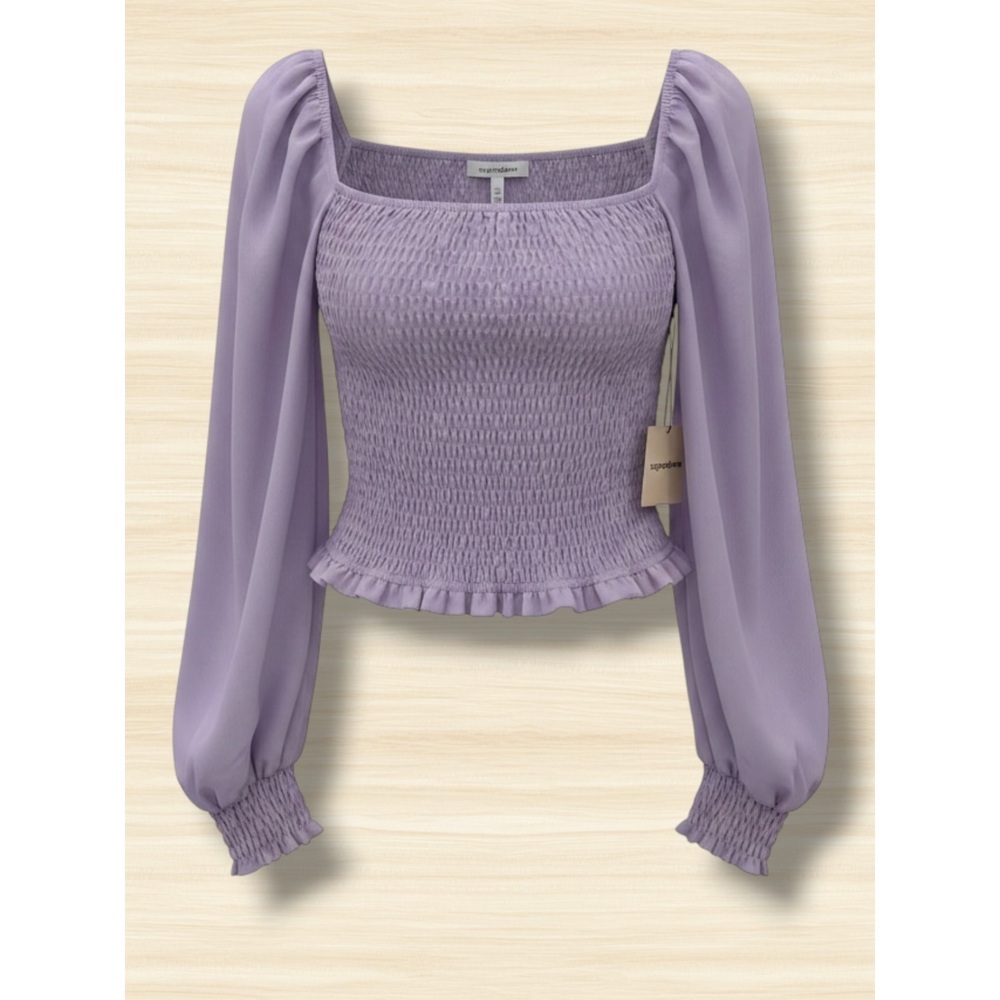 Superdown Lavender Smocked Puff‎ Sleeve Crop Top Blouse Size S